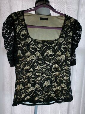 SCOBE NWT Lace Short Sleeve Square Neck Black Lace Over Cream Lining Blouse L